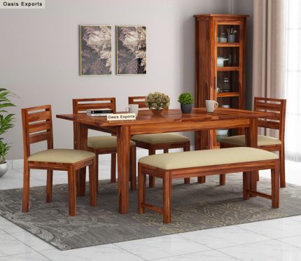 Advin Sheesham Wood Extendable 6 Seater Dining Table Set With Bench Honey Finish