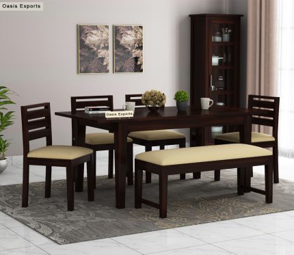 Advin Sheesham Wood Extendable 6 Seater Dining Table Set With Bench Walnut Finish