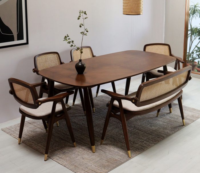 Aritva Teak Wood 6 Seater Dining Table Set With Bench Teak Finish