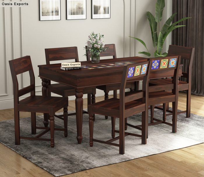 Boho Sheesham Wood 6 Seater Dining Table Set Walnut Finish