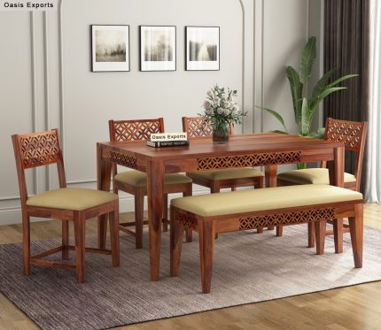 Cambrey Sheesham Wood 6 Seater Dining Table Set With Bench Honey Finish