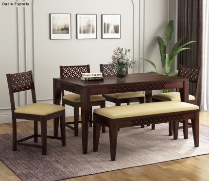 Cambrey Sheesham Wood 6 Seater Dining Table Set With Bench Walnut Finish