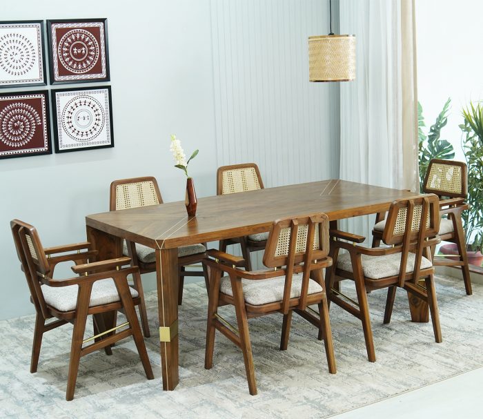 Itish Teak Wood 6 Seater Dining Table Set Teak Finish