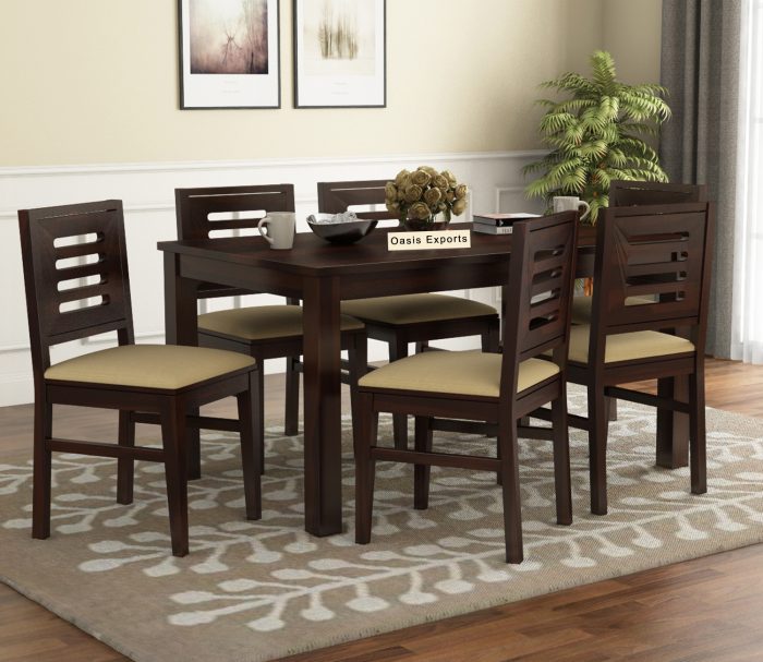 Janet Sheesham Wood 6 Seater Dining Table Set Walnut Finish