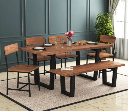 Live Edge Acacia Wood 6 Seater Dining Table Set With Bench Natural Finish