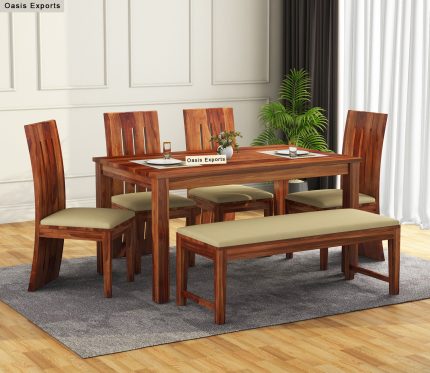 Terex Sheesham Wood 6 Seater Dining Table Set With Bench Honey Finish