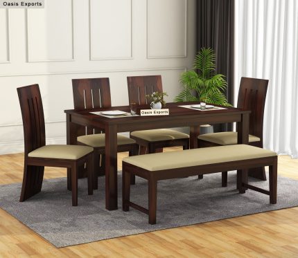Terex Sheesham Wood 6 Seater Dining Table Set With Bench Walnut Finish